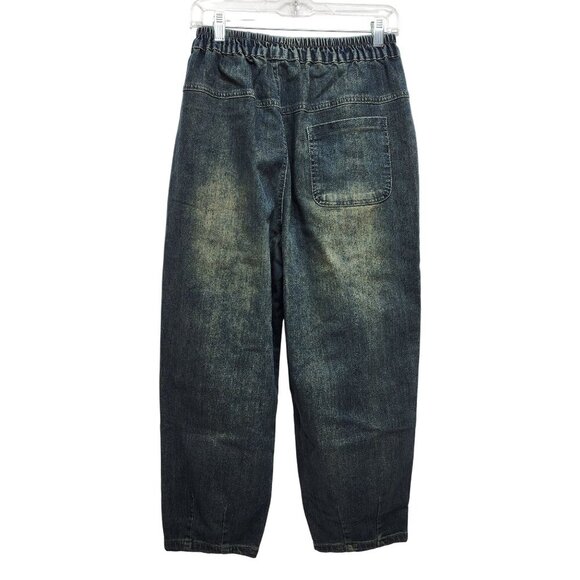 Vintage Denim Embroidered Fish Pattern Elastic Waist Cropped Pants Size S - Picture 2 of 8